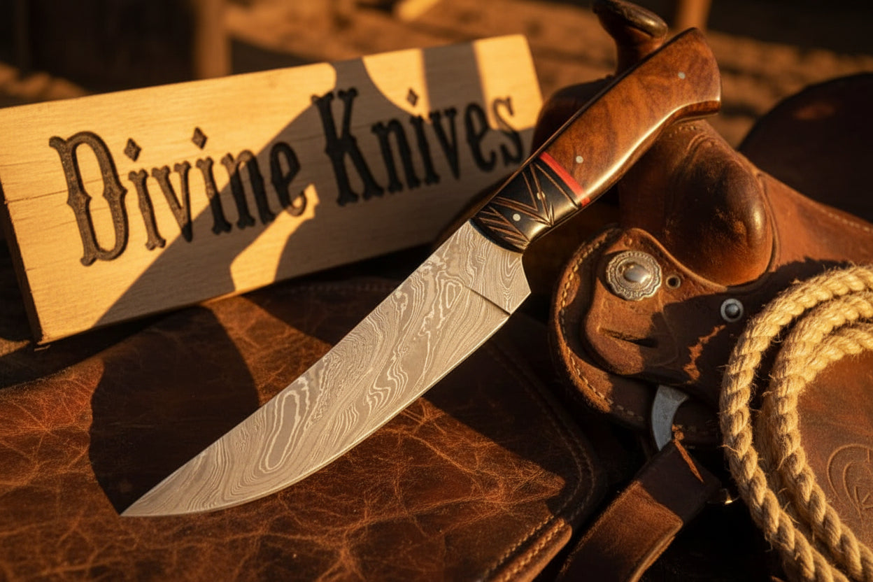 Brown Wood Damascus Knife Accented with a Bold Red Band by Divine Knives
