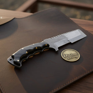 Tracker Cleaver Knife with Sawback Spine, Squared Tip Blade and Contoured Horn Handle