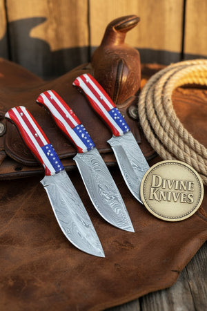 Damascus Skinner Knife Set with American Flag Handles (Set of 3) detail view by Divine Knives
