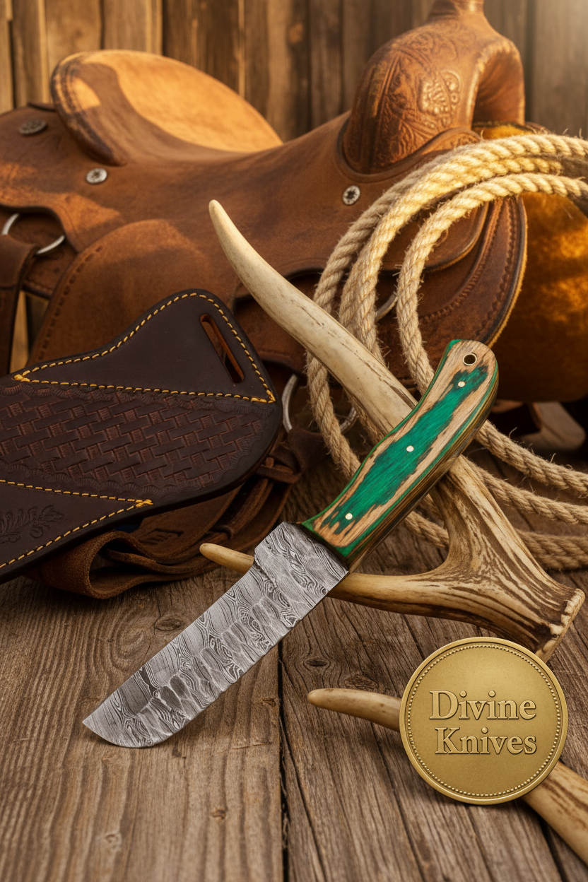 Wawona Cowboy Bull Cutter Knife with Squared Damascus Blade detail view by Divine Knives