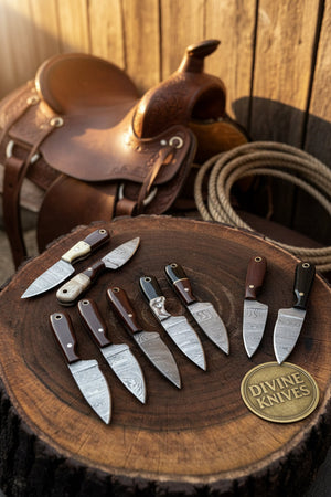 Bulk Damascus Skinner Knife Collection – 10 Assorted Handles by Divine Knives