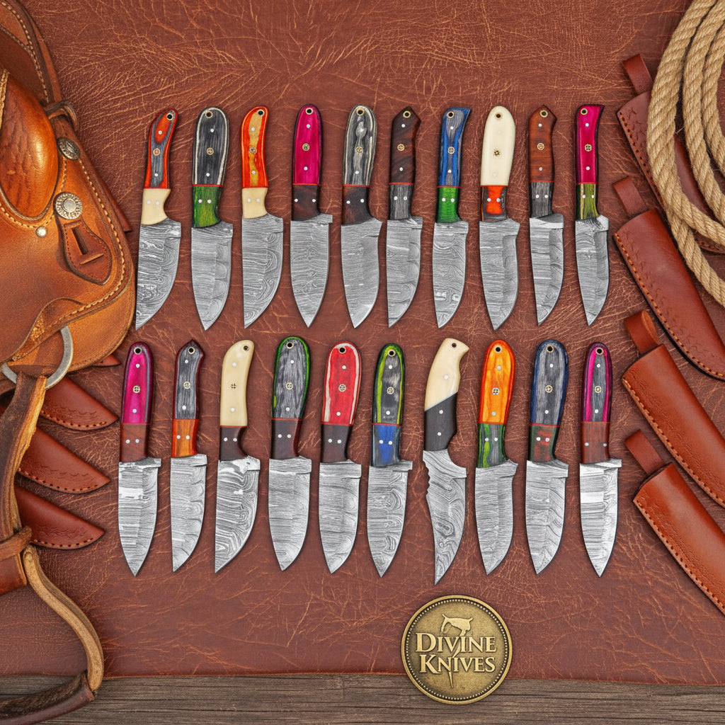 Damascus Skinner Knives Lot with Twenty Forged Blades by Divine Knives