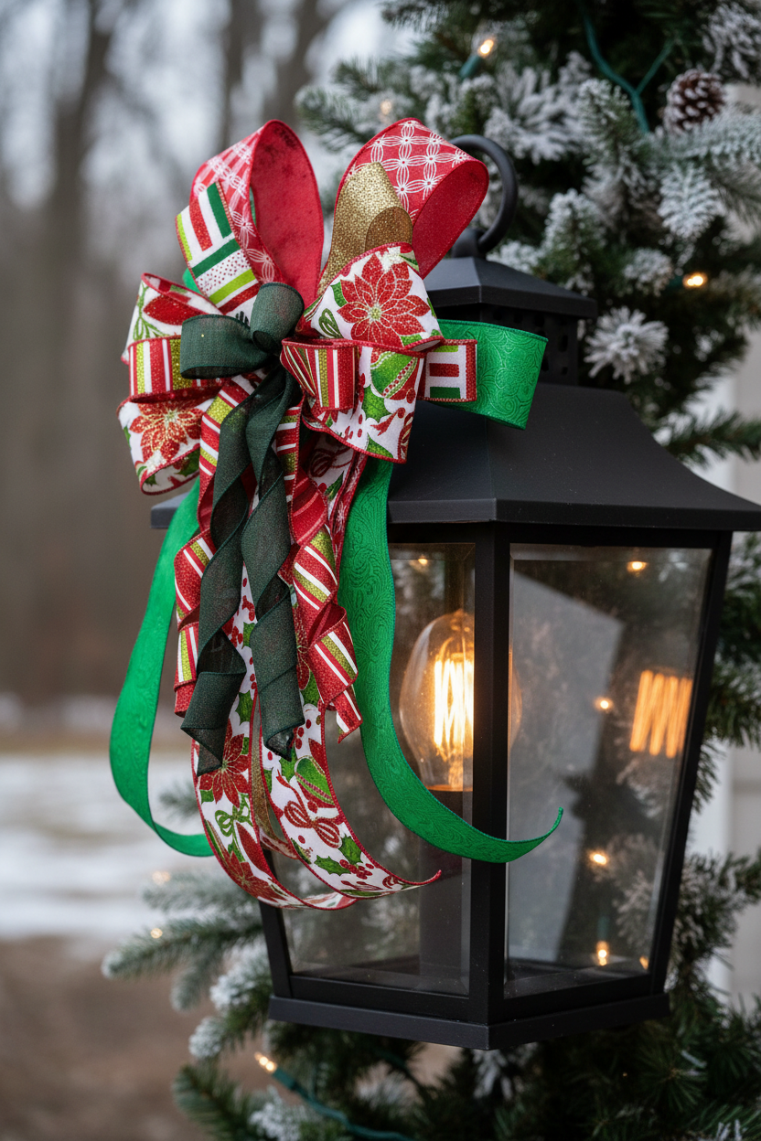 Holly Ribbon Christmas Bow with Silver Bell handmade by Bouge Creations in Mississippi