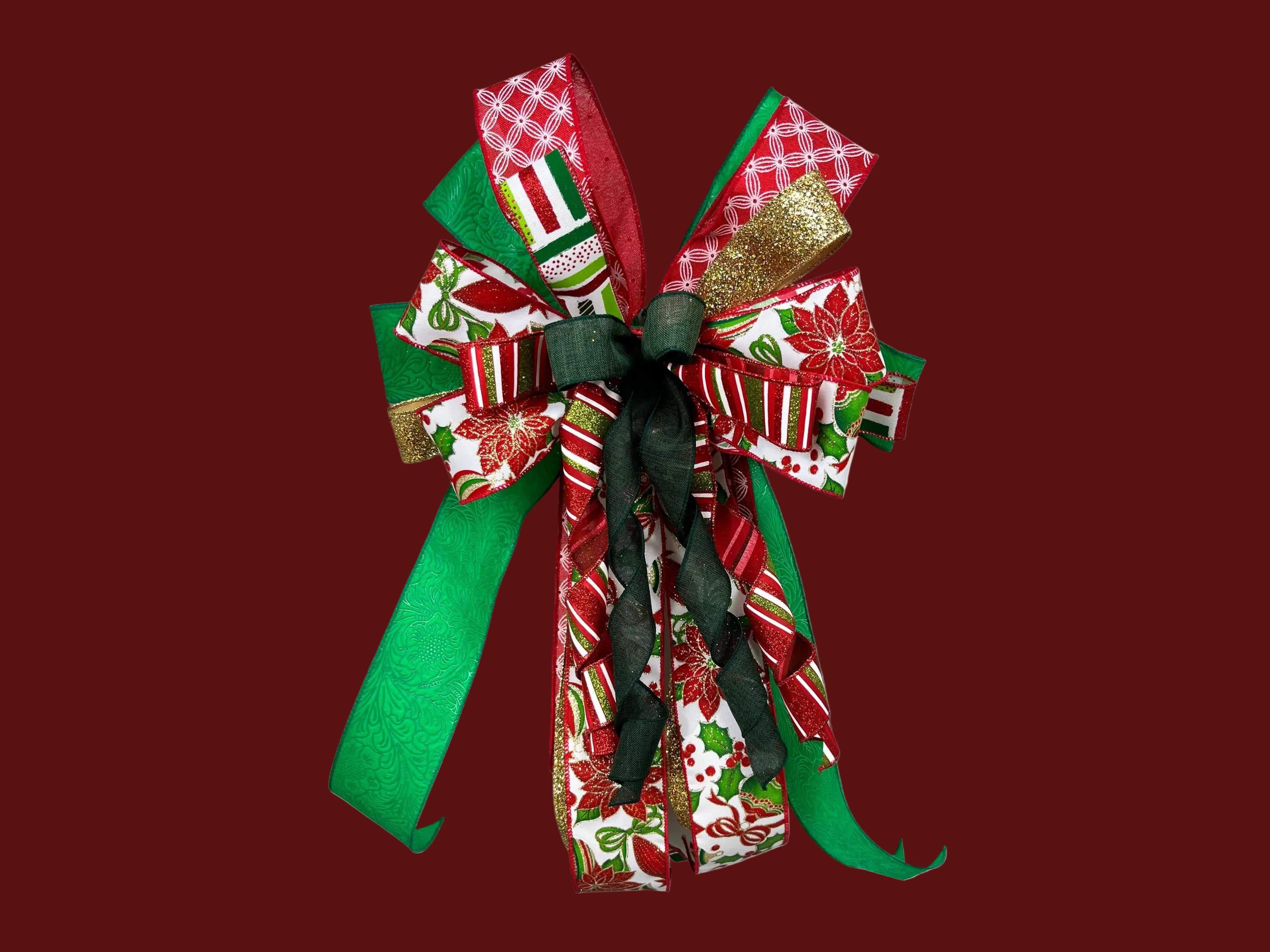 Holly Ribbon Christmas Bow with Silver Bell handmade by Bouge Creations in Mississippi