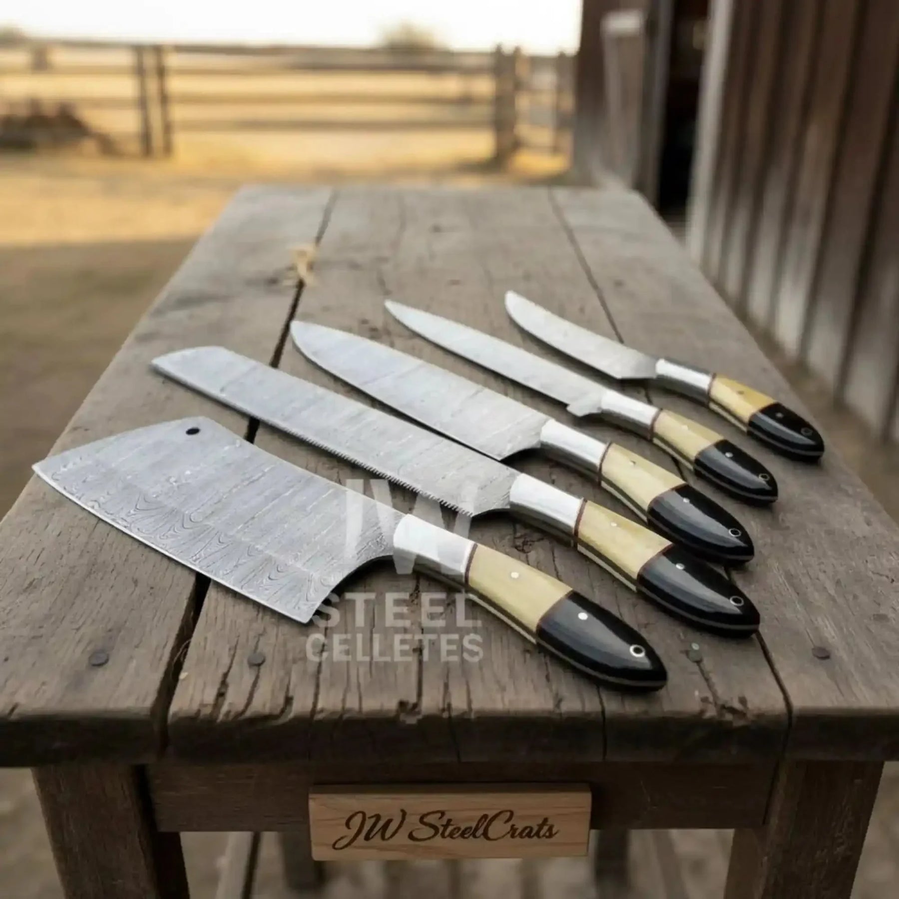 5-Piece Damascus Chef Knife Set – Camel Bone and Black Micarta Handles detail view by JW SteelCrafts