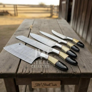5-Piece Damascus Chef Knife Set – Camel Bone and Black Micarta Handles detail view by JW SteelCrafts