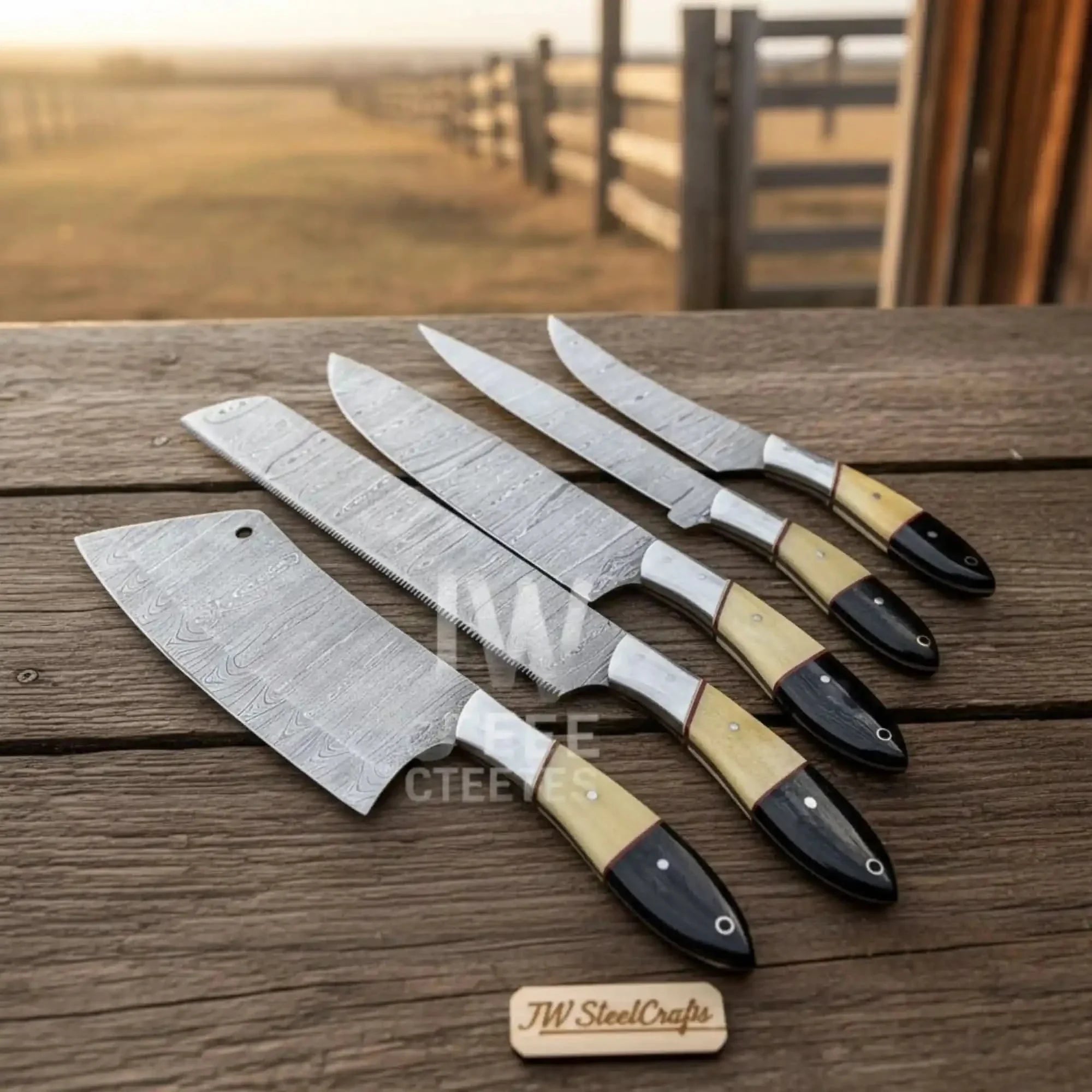 5-Piece Handmade Damascus Chef Knife Set with Wood and Resin Handles by JW SteelCrafts, Damascus knife main product photo