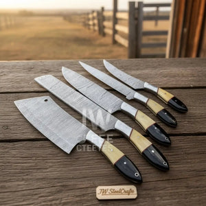 5-Piece Handmade Damascus Chef Knife Set with Wood and Resin Handles by JW SteelCrafts, Damascus knife main product photo