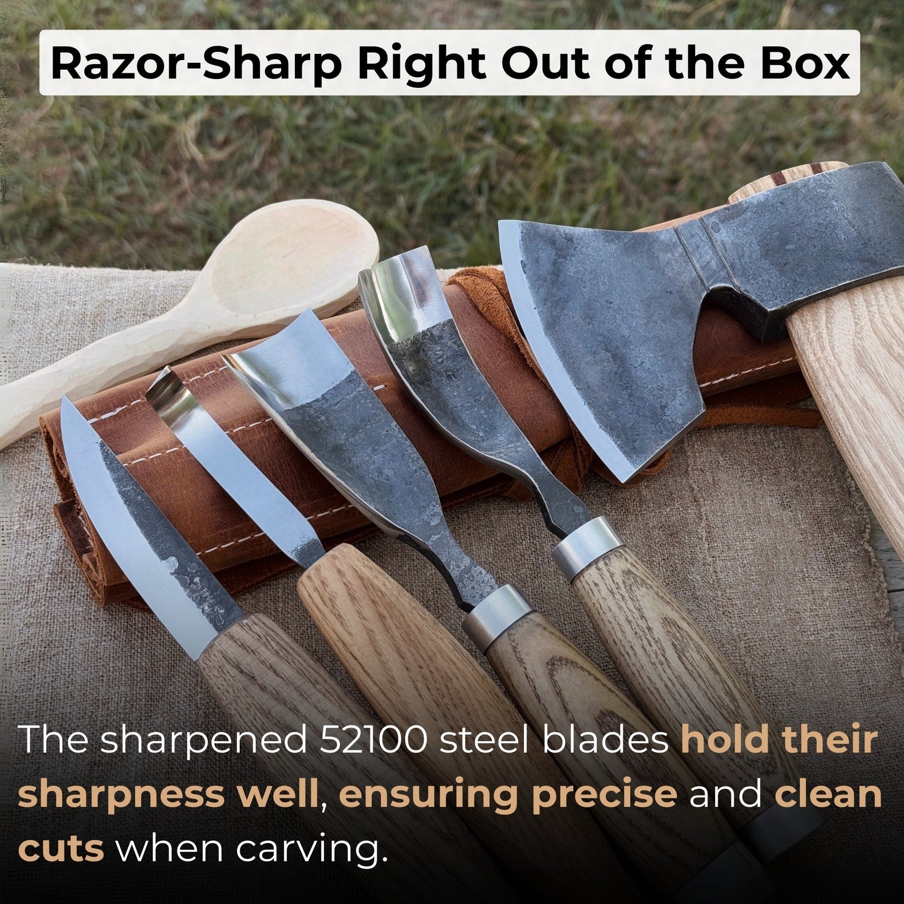 5-Piece Hand-Forged Carving Tool Set with Leather Tool Roll detail view by Sharky Forged Steel Tools