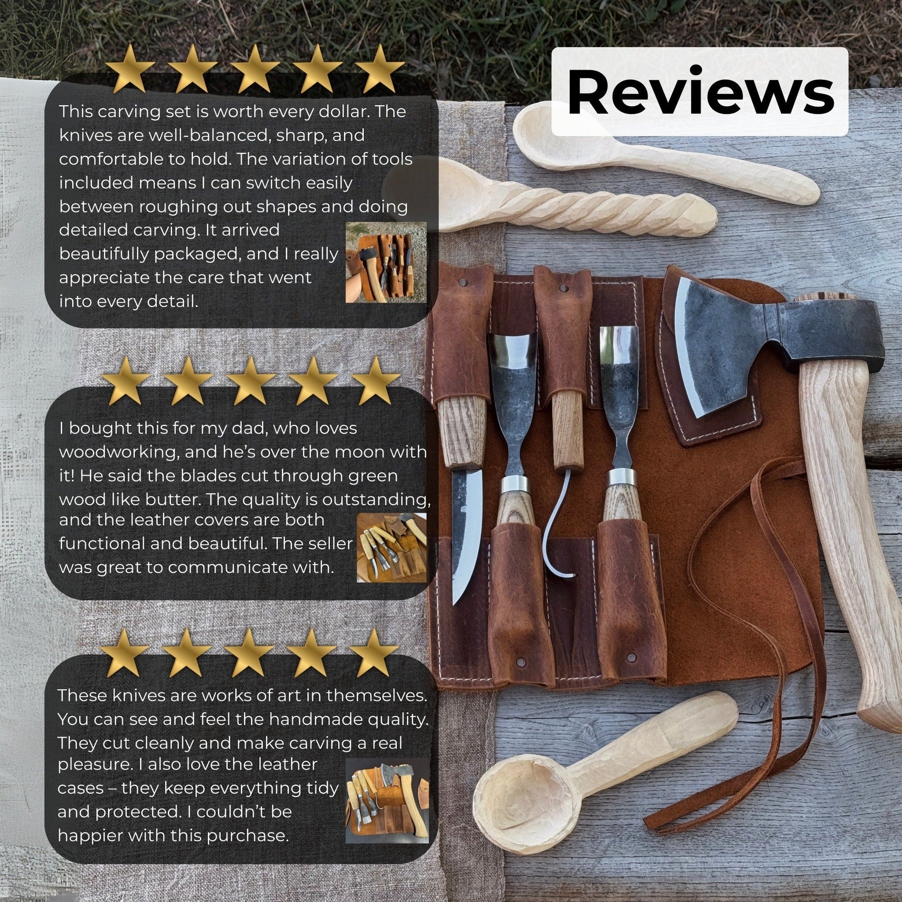 5-Piece Hand-Forged Carving Tool Set with Leather Tool Roll detail view by Sharky Forged Steel Tools
