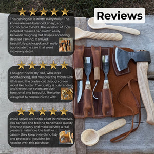 5-Piece Hand-Forged Carving Tool Set with Leather Tool Roll detail view by Sharky Forged Steel Tools