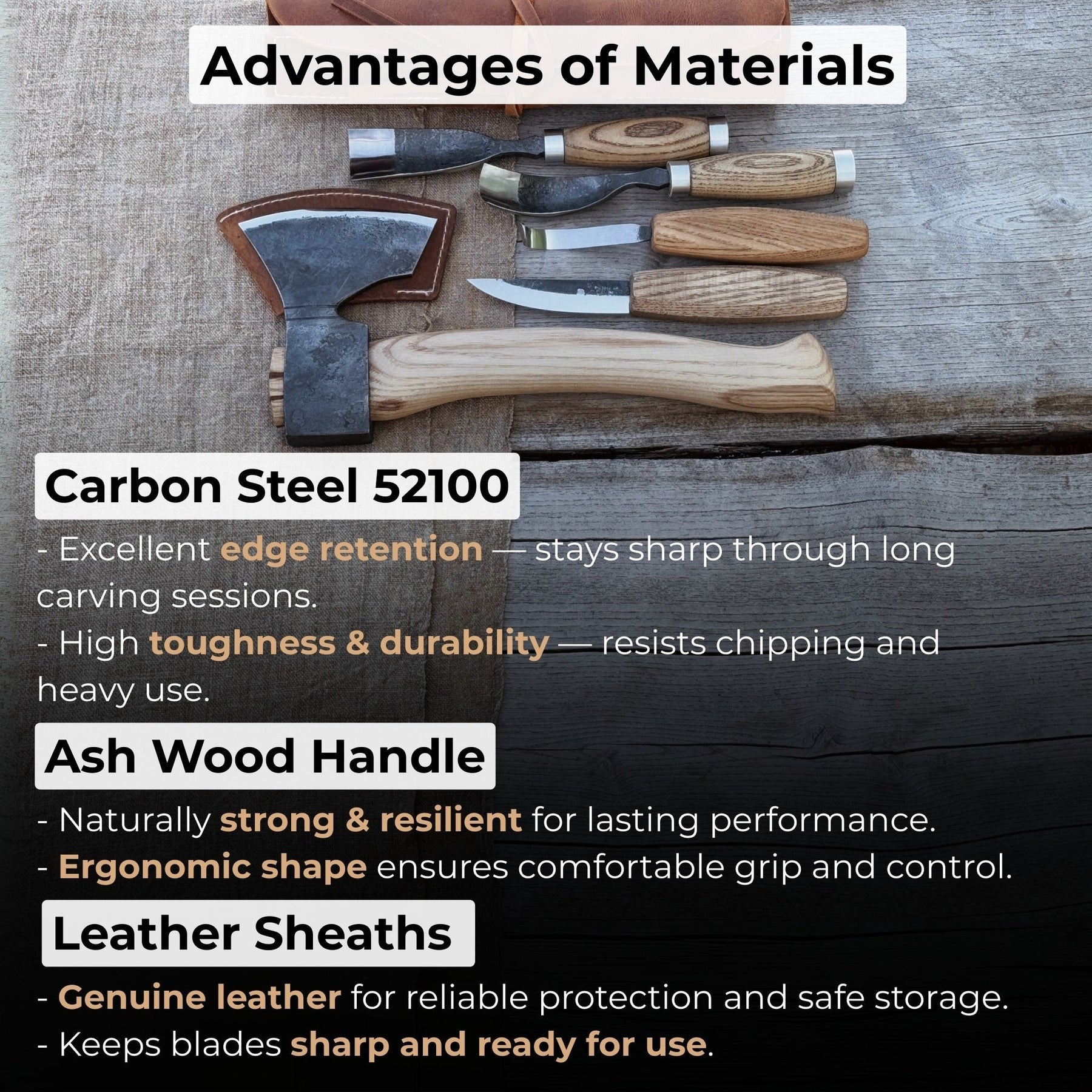 5-Piece Hand-Forged Carving Tool Set with Leather Tool Roll detail view by Sharky Forged Steel Tools