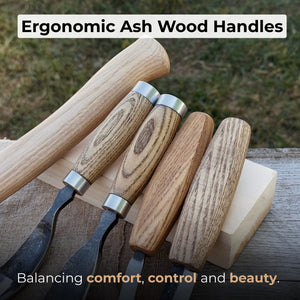 5-Piece Hand-Forged Carving Tool Set with Leather Tool Roll detail view by Sharky Forged Steel Tools