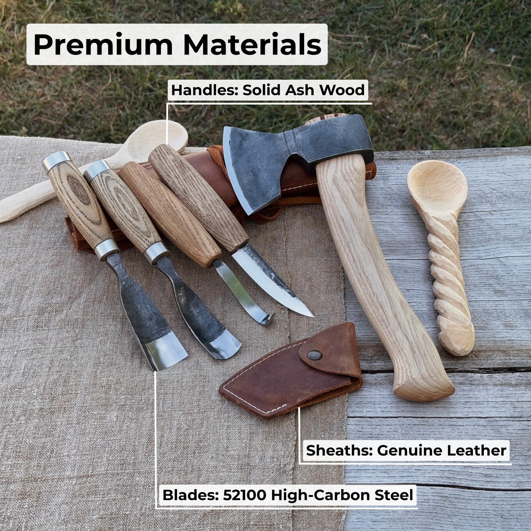 5-Piece Hand-Forged Carving Tool Set with Leather Tool Roll detail view by Sharky Forged Steel Tools