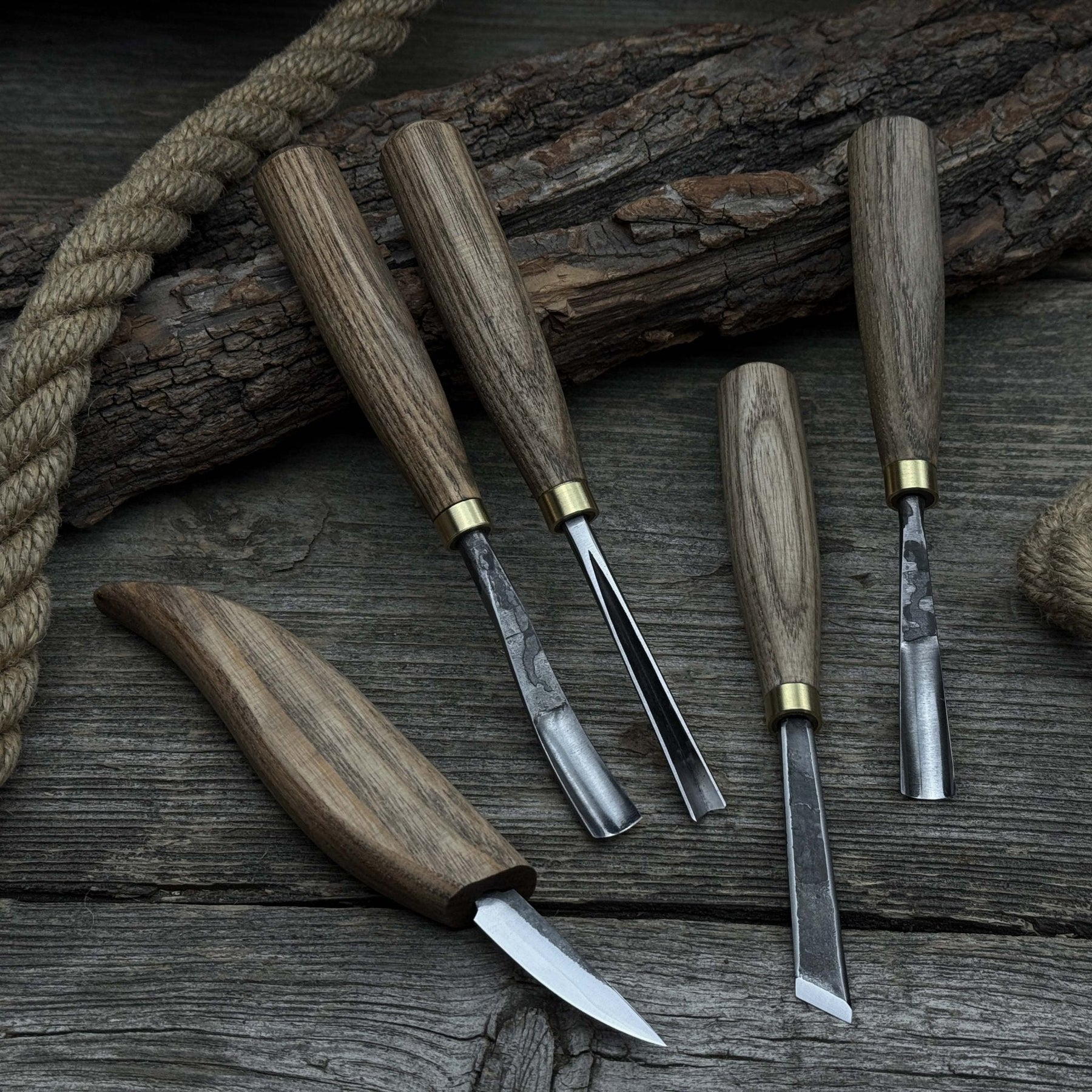 5-Piece Hand-Forged Wood Carving Tool Set detail view by Sharky Forged Steel Tools