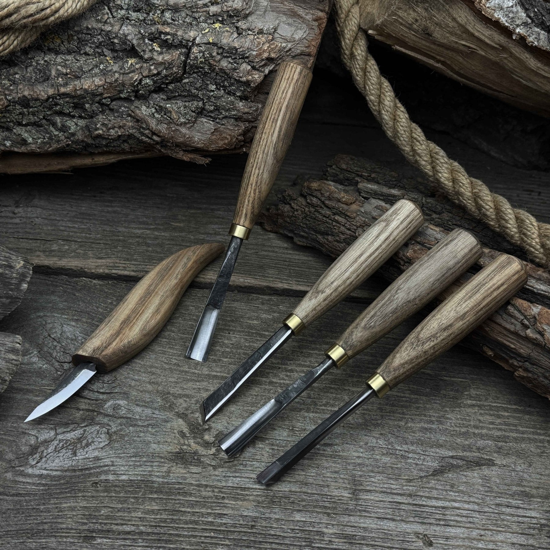 5-Piece Hand-Forged Wood Carving Tool Set detail view by Sharky Forged Steel Tools
