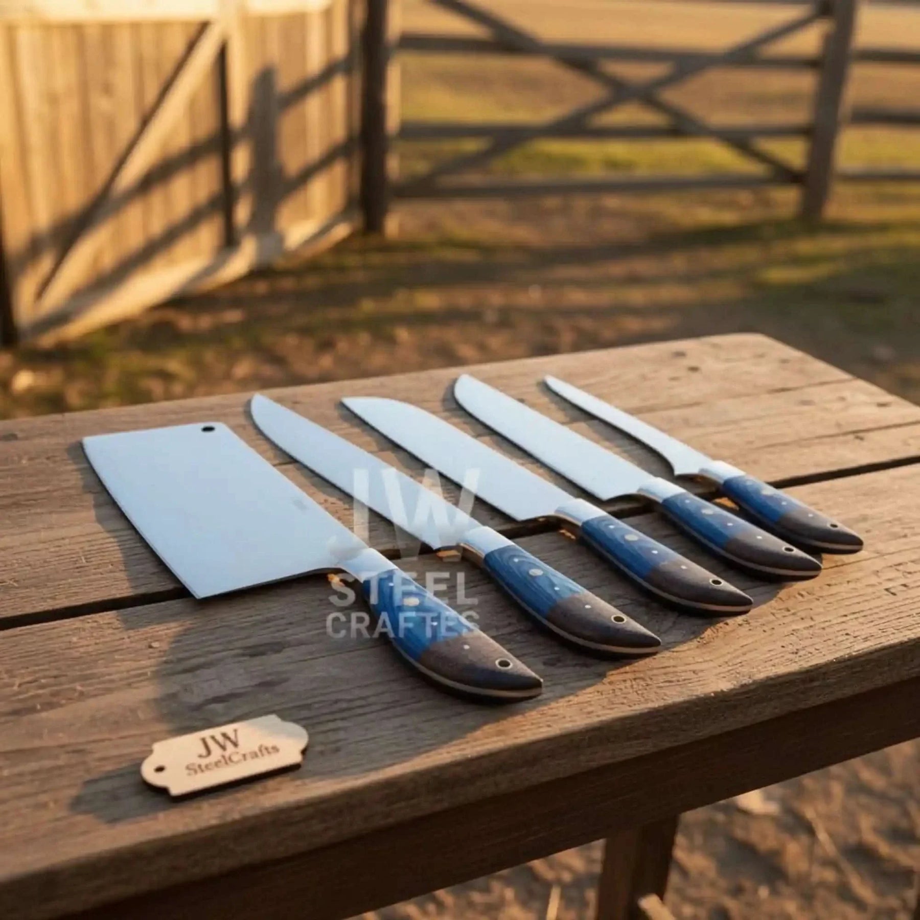 Blue Wood Damascus Chef Knife Set: 5-Piece Handmade Collection detail view by JW SteelCrafts