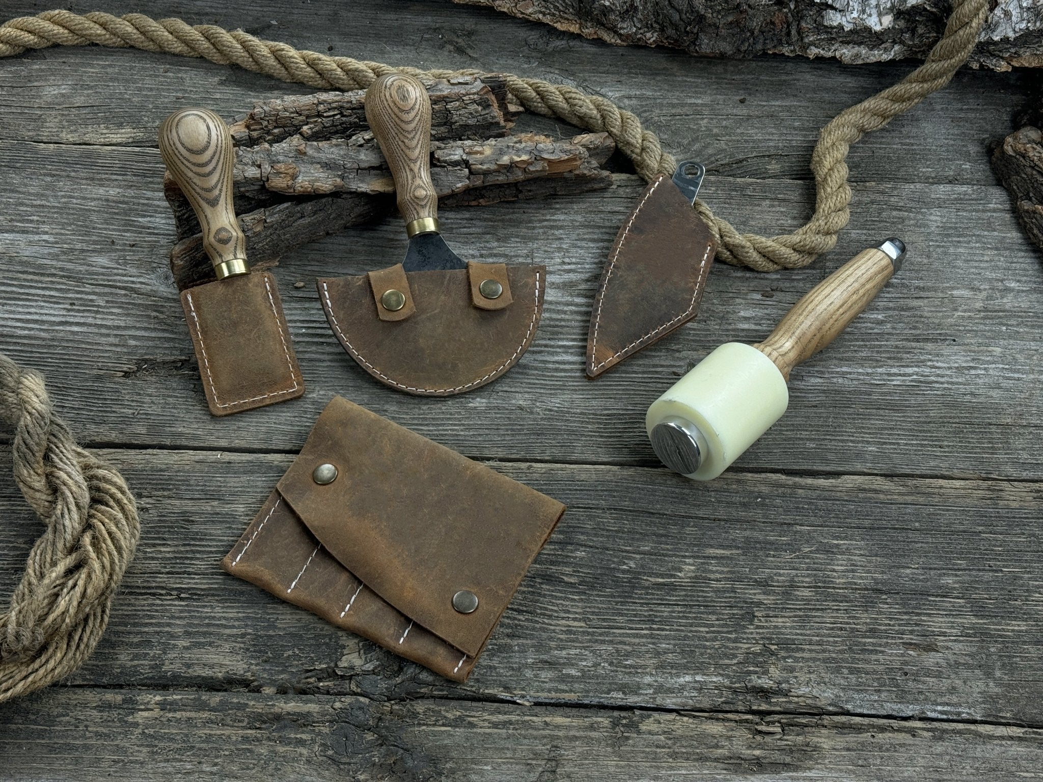 5-Piece Leather Working Tool Set With Nylon Mallet detail view by Sharky Forged Steel Tools