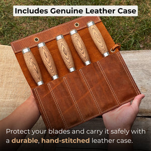 5-Piece Small Timber Framing Chisel Set with Leather Case detail view by Sharky Forged Steel Tools