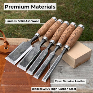 5-Piece Small Timber Framing Chisel Set with Leather Case detail view by Sharky Forged Steel Tools