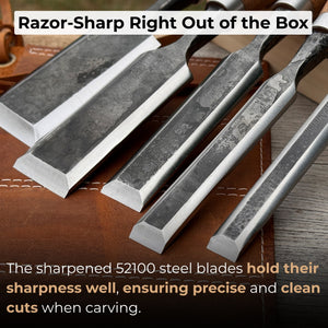 5-Piece Small Timber Framing Chisel Set with Leather Case detail view by Sharky Forged Steel Tools