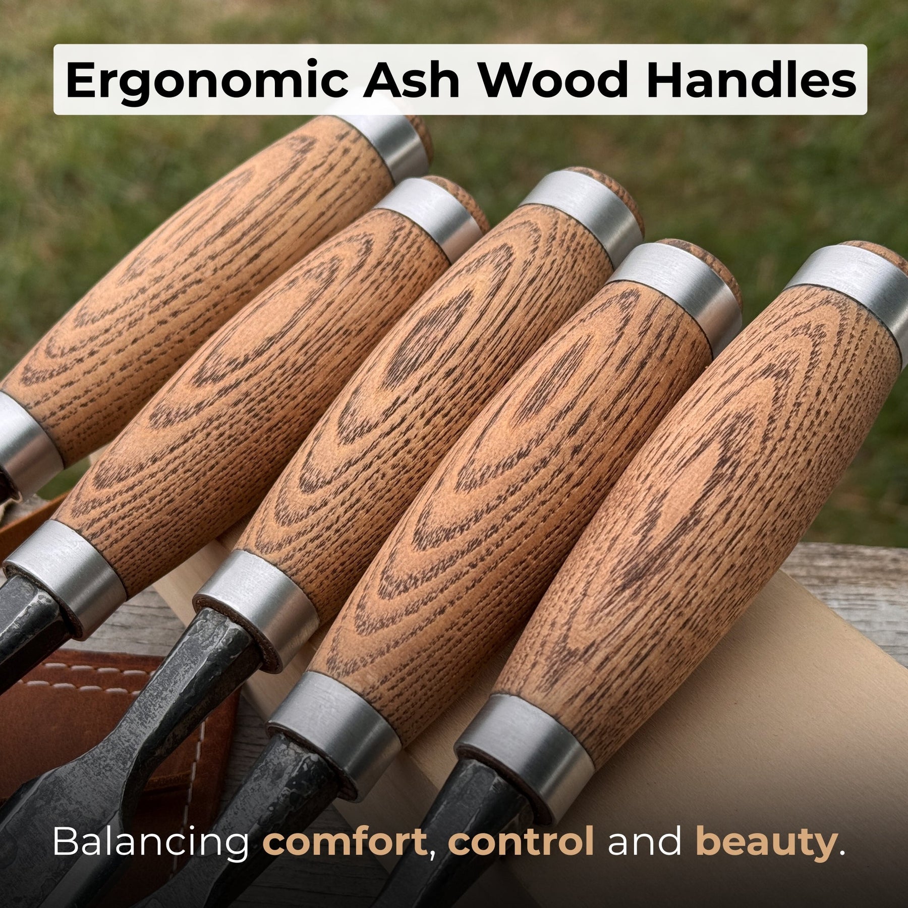 5-Piece Small Timber Framing Chisel Set with Leather Case detail view by Sharky Forged Steel Tools