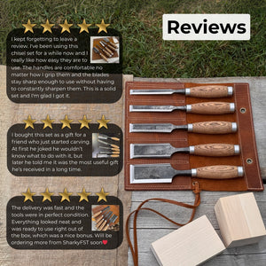 5-Piece Small Timber Framing Chisel Set with Leather Case detail view by Sharky Forged Steel Tools