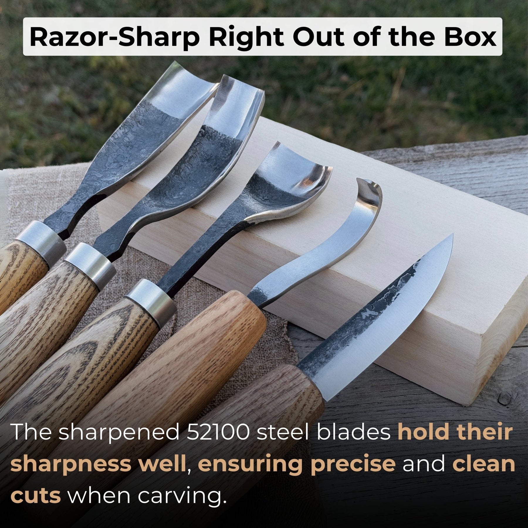 5-Piece Spoon & Bowl Carving Tool Set with Leather Sheaths detail view by Sharky Forged Steel Tools