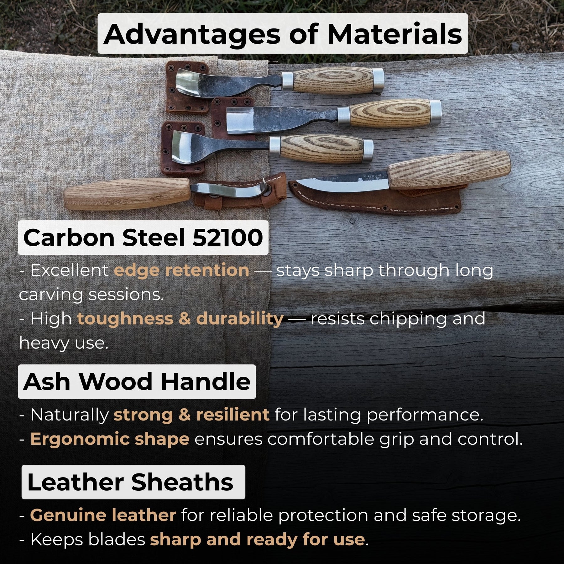 5-Piece Spoon & Bowl Carving Tool Set with Leather Sheaths detail view by Sharky Forged Steel Tools