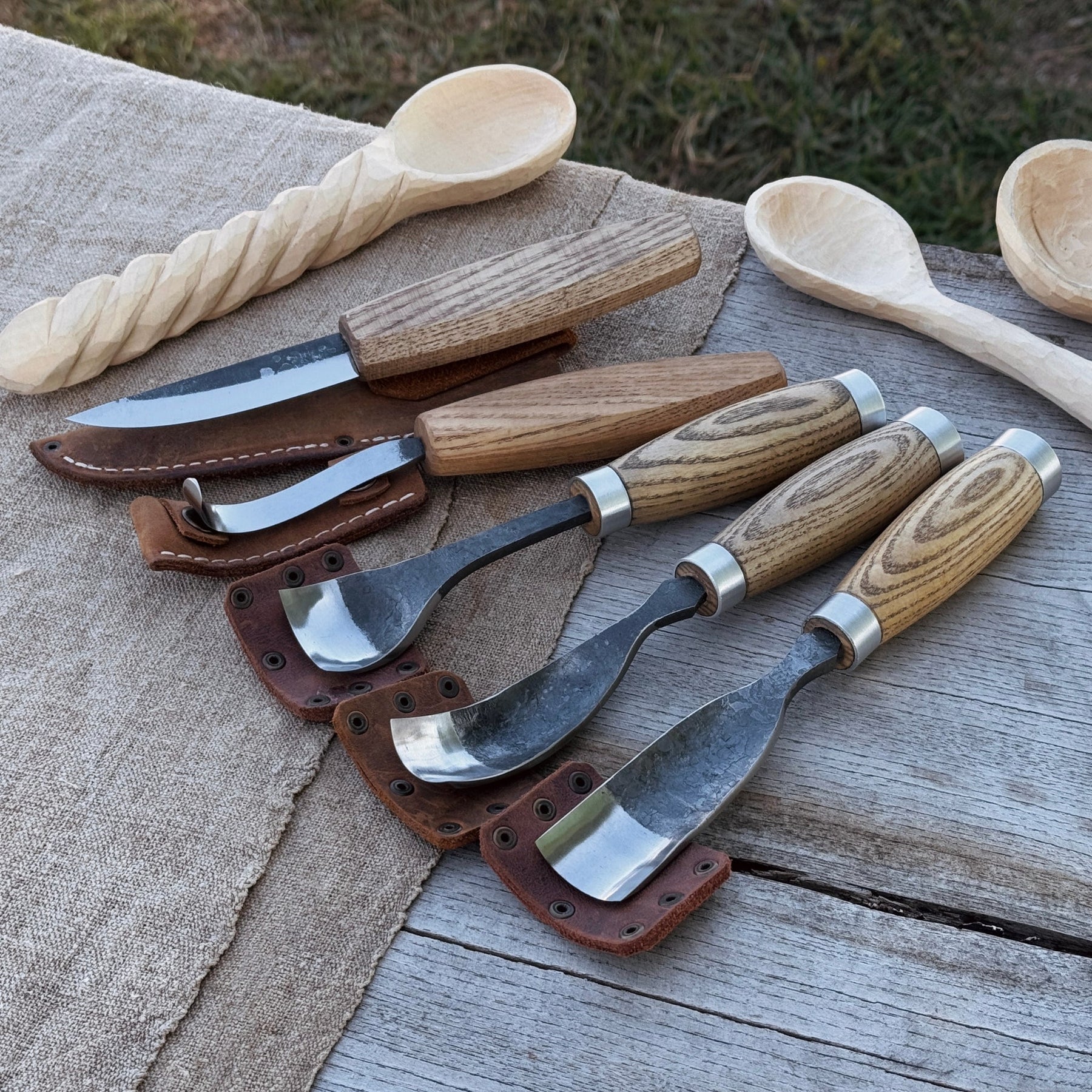 5-Piece Spoon & Bowl Carving Tool Set with Leather Sheaths by Sharky Forged Steel Tools