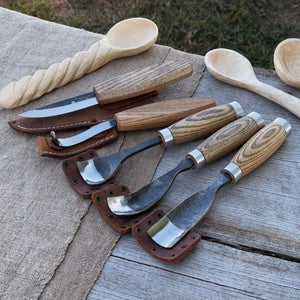 5-Piece Spoon & Bowl Carving Tool Set with Leather Sheaths by Sharky Forged Steel Tools