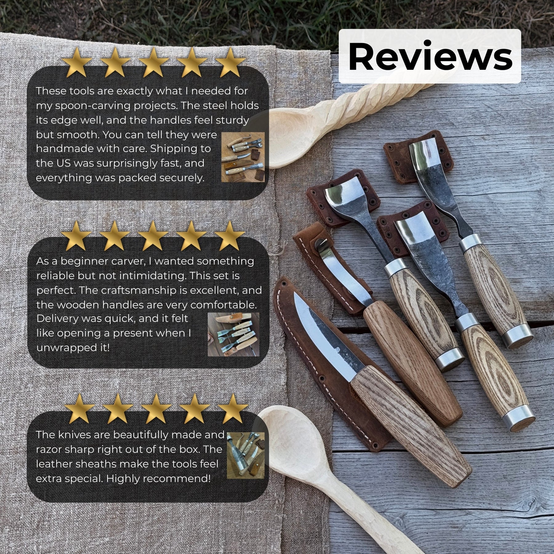5-Piece Spoon & Bowl Carving Tool Set with Leather Sheaths detail view by Sharky Forged Steel Tools