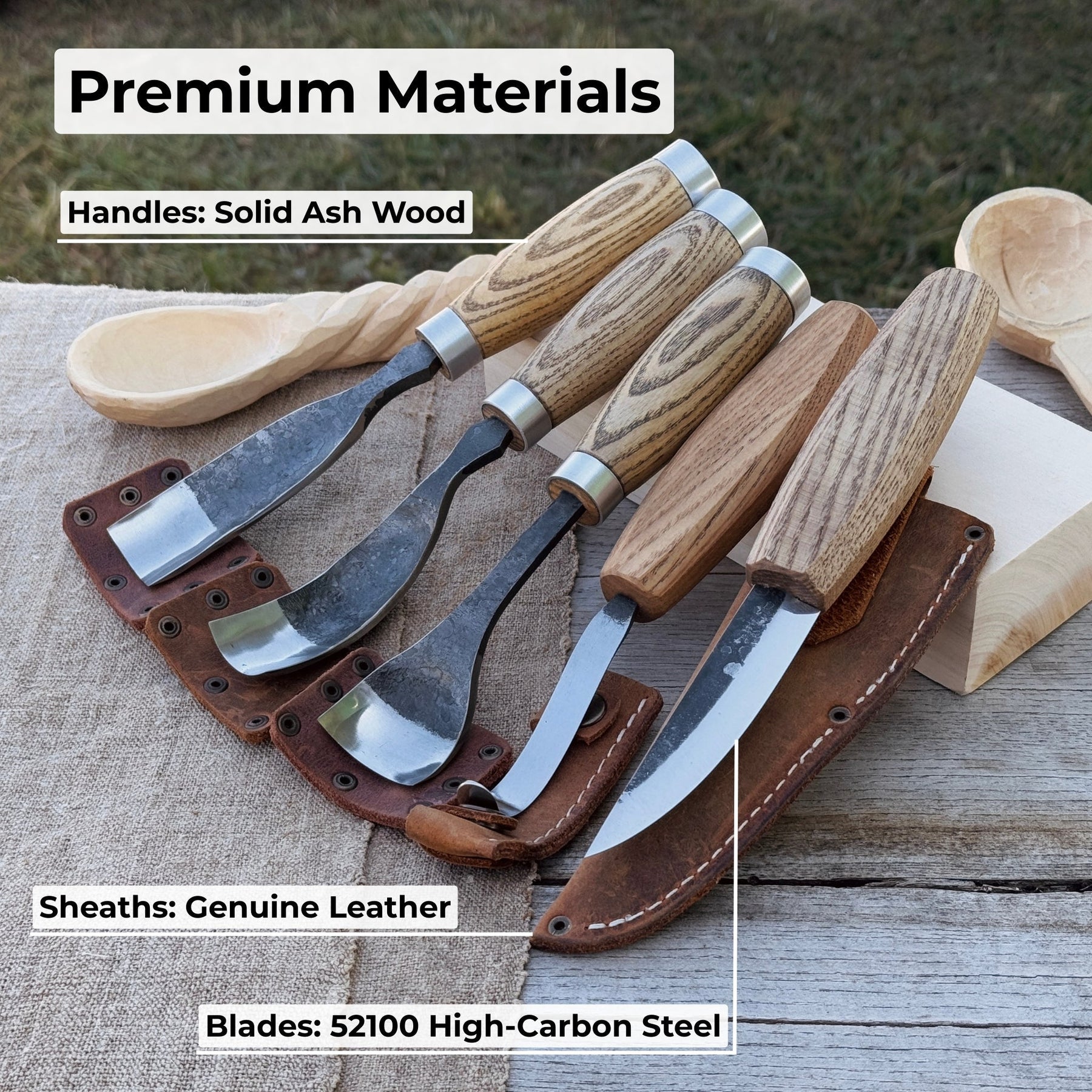 5-Piece Spoon & Bowl Carving Tool Set with Leather Sheaths detail view by Sharky Forged Steel Tools