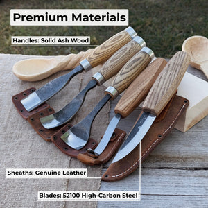 5-Piece Spoon & Bowl Carving Tool Set with Leather Sheaths detail view by Sharky Forged Steel Tools