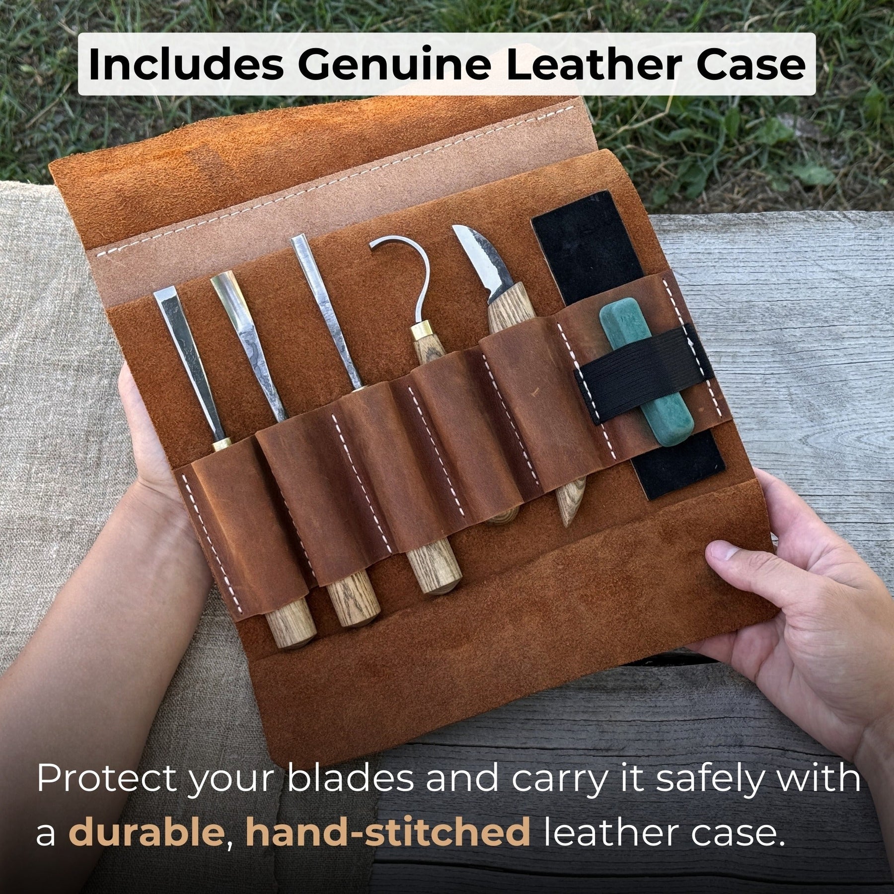 5-Piece Spoon Carving Tool Set with Leather Strop and Case detail view by Sharky Forged Steel Tools