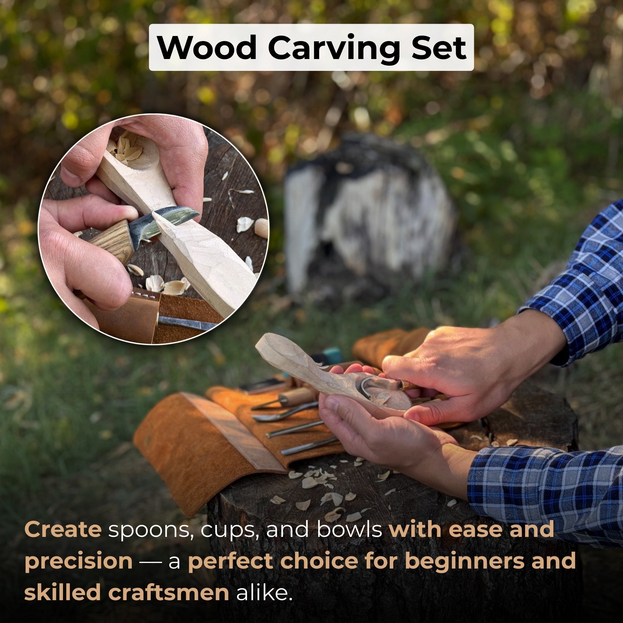 5-Piece Spoon Carving Tool Set with Leather Strop and Case detail view by Sharky Forged Steel Tools