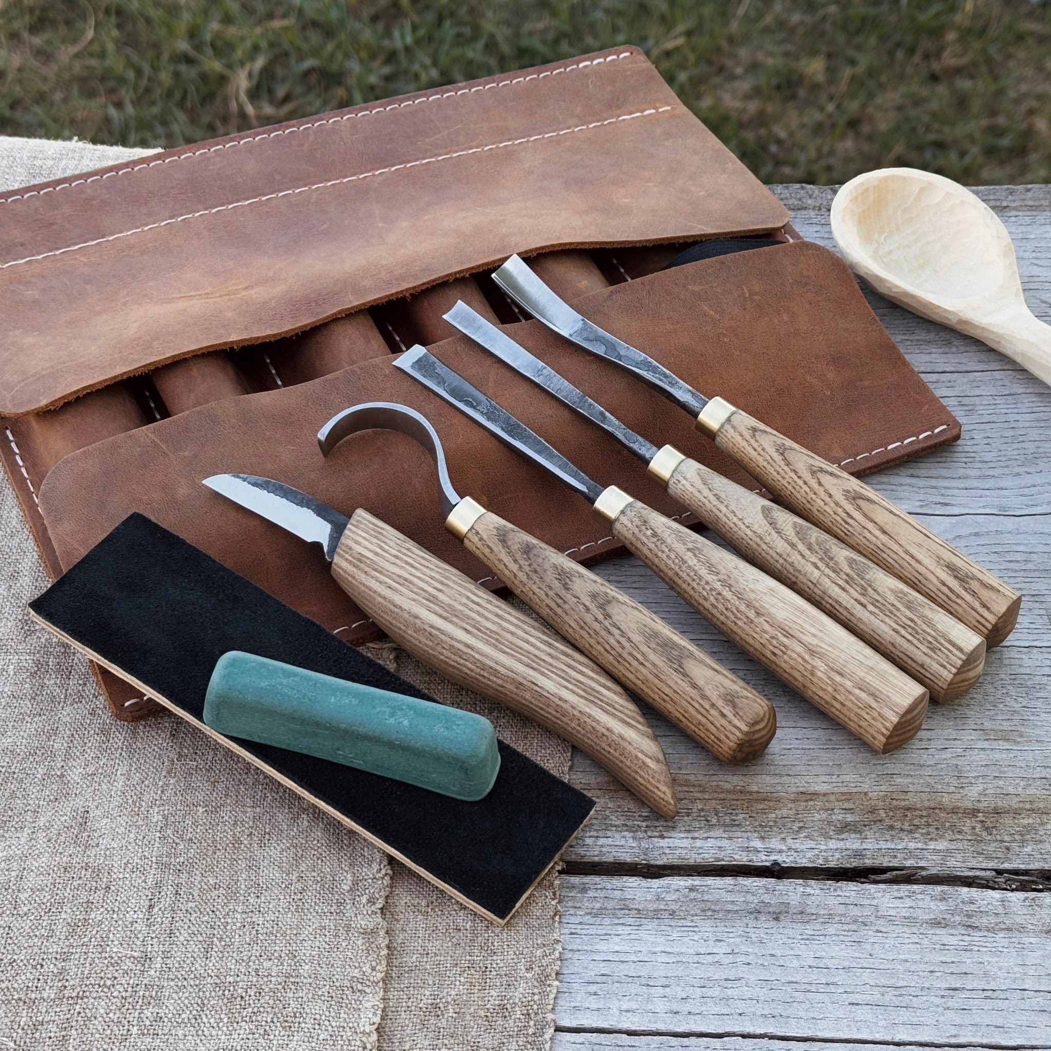 5-Piece Spoon Carving Tool Set with Leather Strop and Case by Sharky Forged Steel Tools
