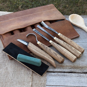 5-Piece Spoon Carving Tool Set with Leather Strop and Case by Sharky Forged Steel Tools