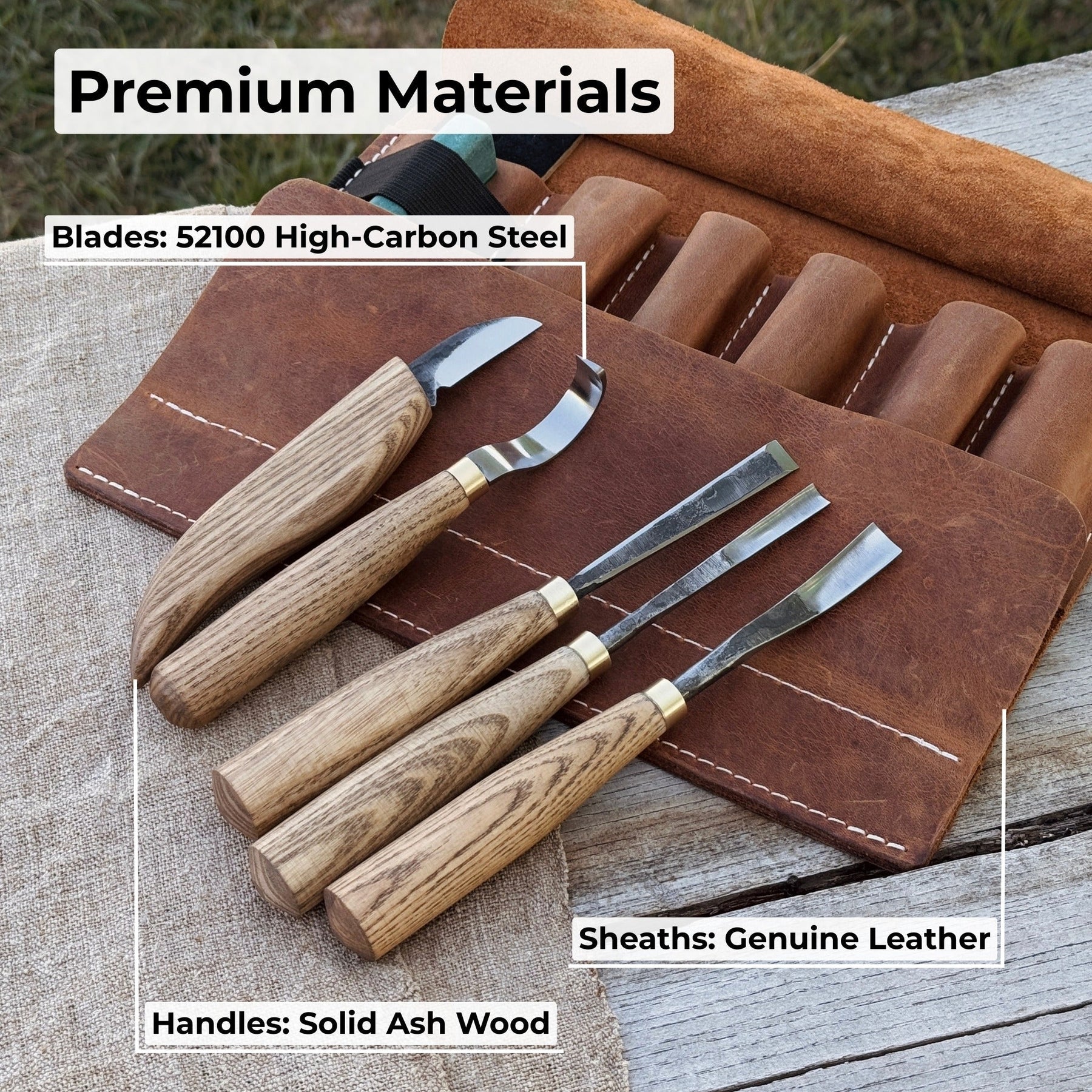 5-Piece Spoon Carving Tool Set with Leather Strop and Case detail view by Sharky Forged Steel Tools