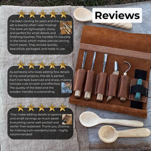 5-Piece Spoon Carving Tool Set with Leather Strop and Case detail view by Sharky Forged Steel Tools