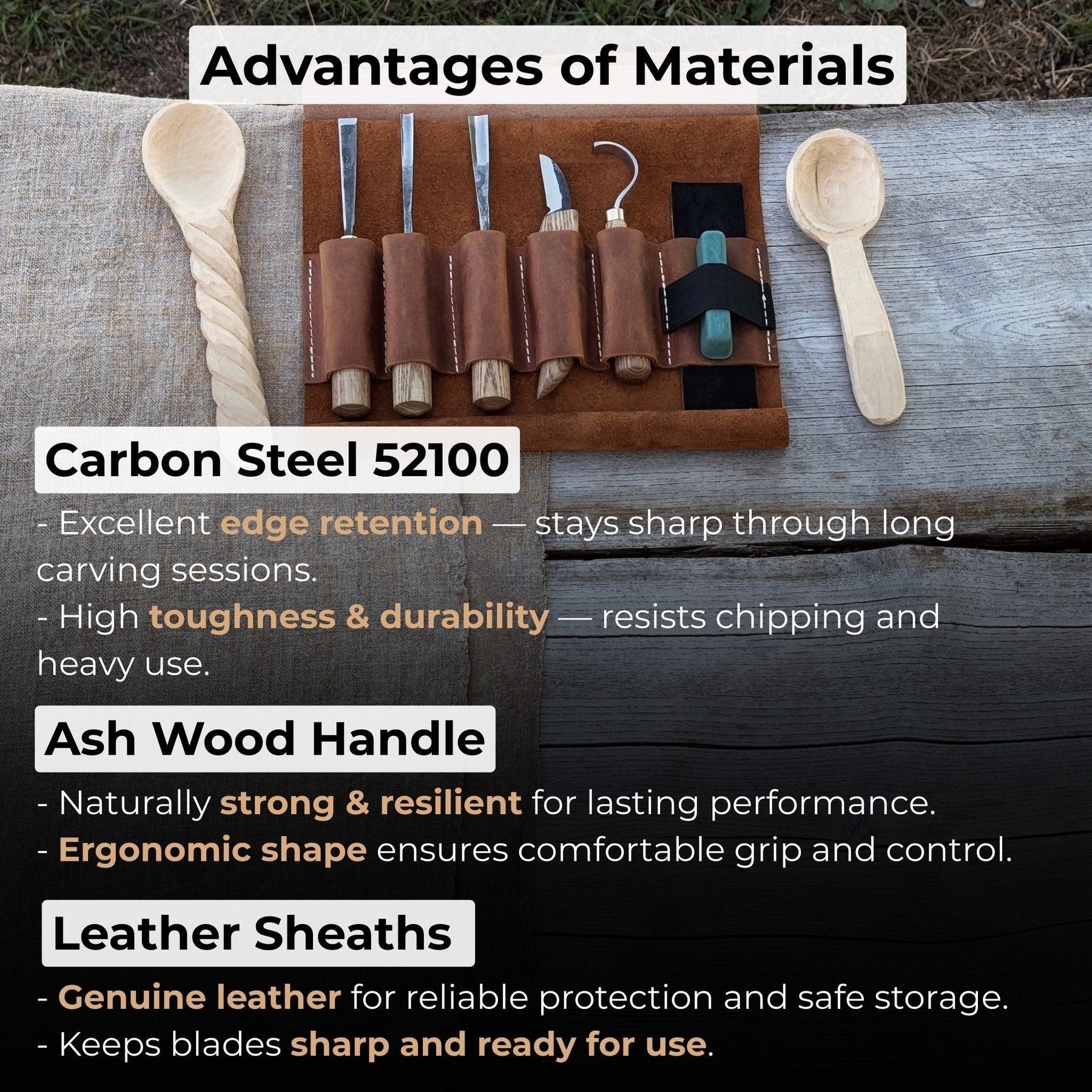 5-Piece Spoon Carving Tool Set with Leather Strop and Case detail view by Sharky Forged Steel Tools