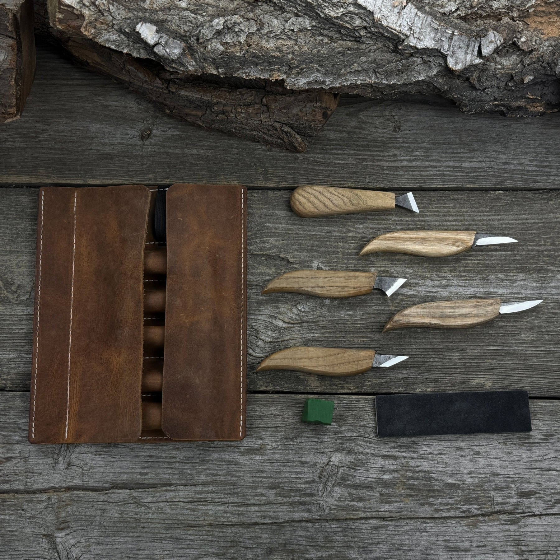 5-Piece Wood Carving Knife Set with Sharpening Board & Leather Case detail view by Sharky Forged Steel Tools