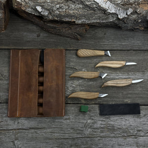 5-Piece Wood Carving Knife Set with Sharpening Board & Leather Case detail view by Sharky Forged Steel Tools