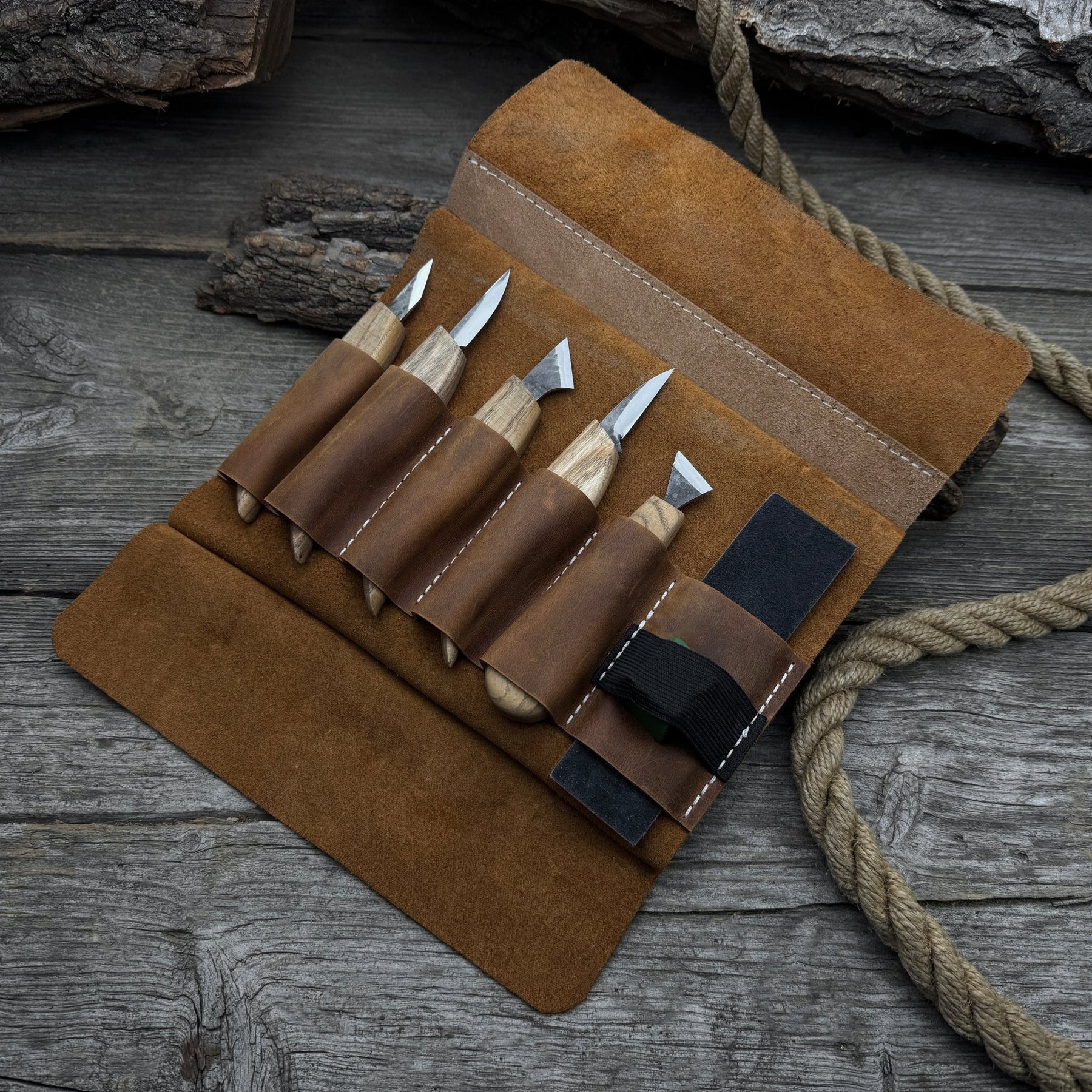 5-Piece Wood Carving Knife Set with Sharpening Board & Leather Case detail view by Sharky Forged Steel Tools