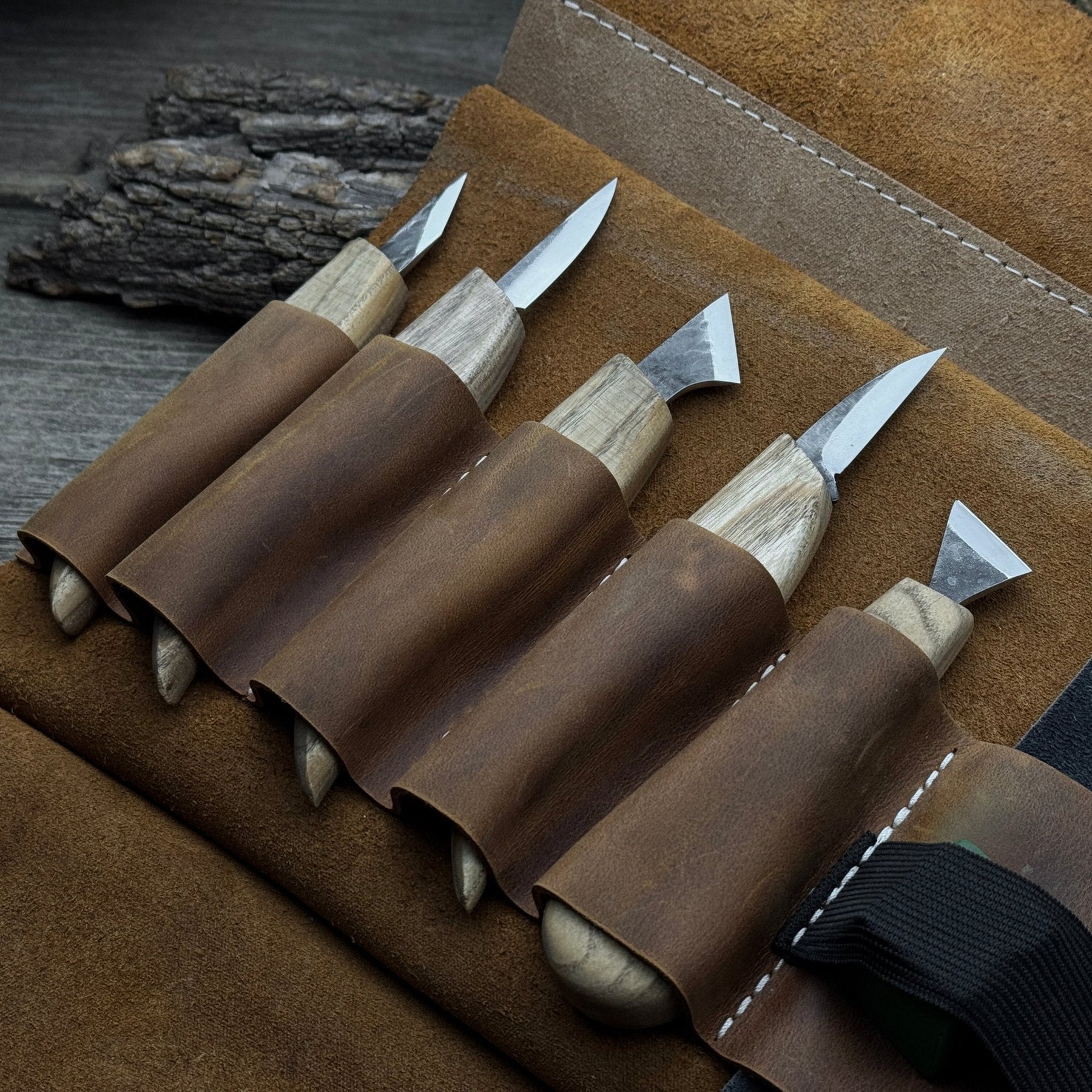 5-Piece Wood Carving Knife Set with Sharpening Board & Leather Case detail view by Sharky Forged Steel Tools