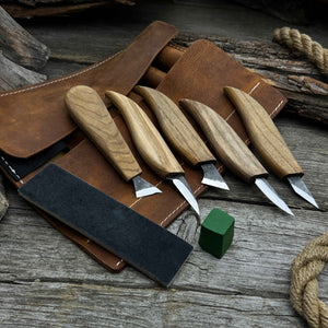 5-Piece Wood Carving Knife Set with Sharpening Board & Leather Case by Sharky Forged Steel Tools