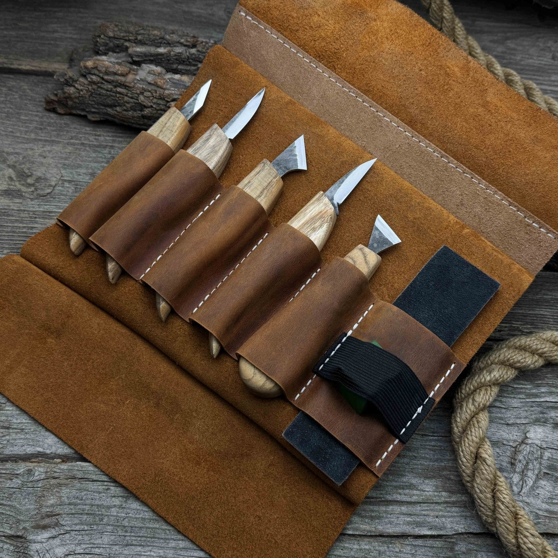5-Piece Wood Carving Knife Set with Sharpening Board & Leather Case detail view by Sharky Forged Steel Tools
