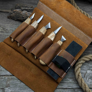 5-Piece Wood Carving Knife Set with Sharpening Board & Leather Case detail view by Sharky Forged Steel Tools