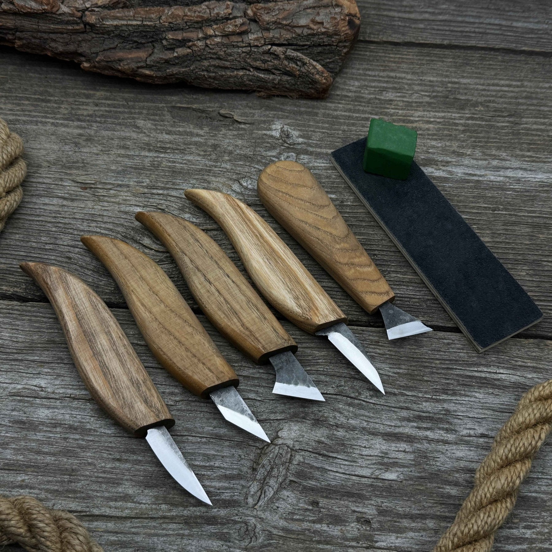 5-Piece Wood Carving Knife Set with Sharpening Board & Leather Case detail view by Sharky Forged Steel Tools
