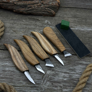 5-Piece Wood Carving Knife Set with Sharpening Board & Leather Case detail view by Sharky Forged Steel Tools